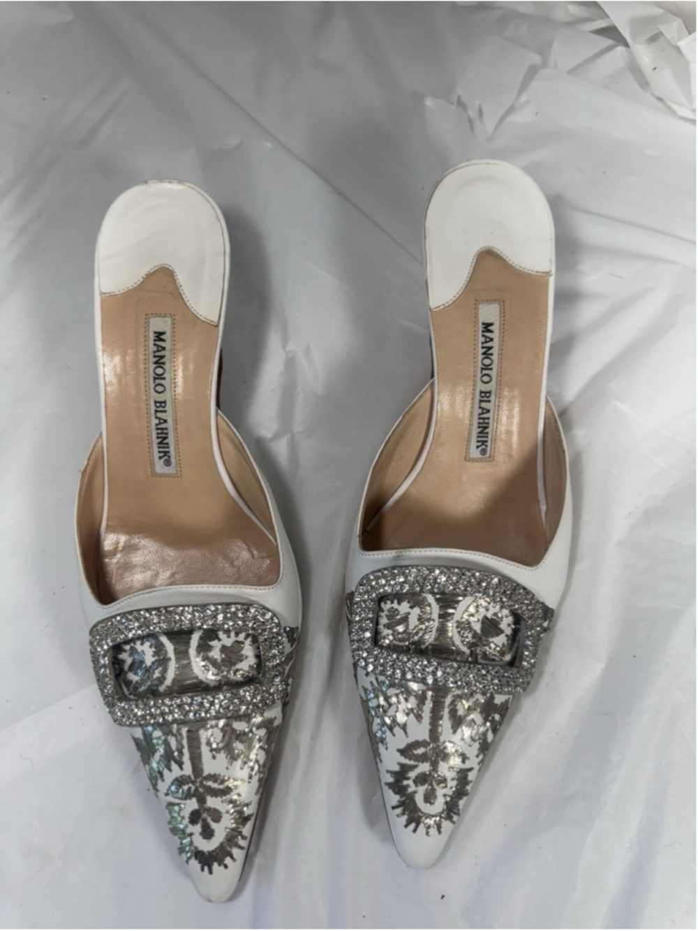 Manolo Blahnik Leather Mules White Graphic Print Crystals - Picture 12 of 14